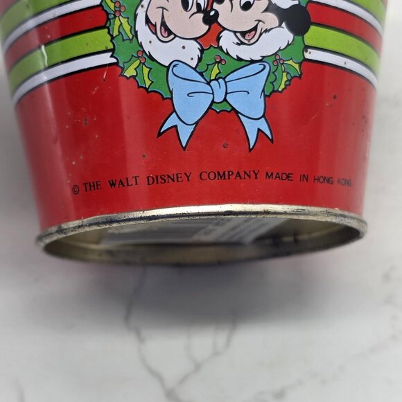 Vintage Disney Mickey Minnie Christmas Tree Round Tin Box Container Hong Kong - Picture 3 of 8